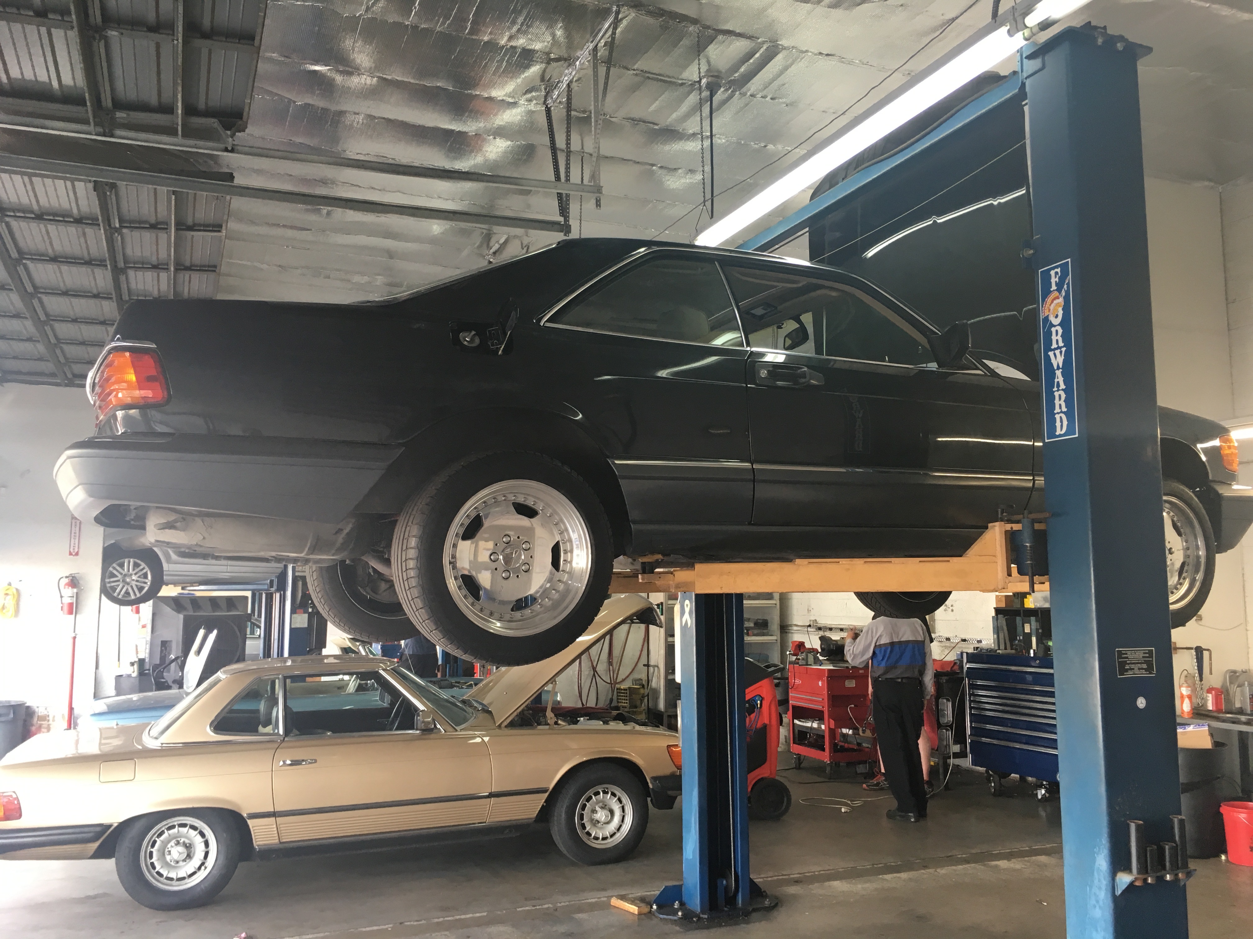 On the lift at MB Motors